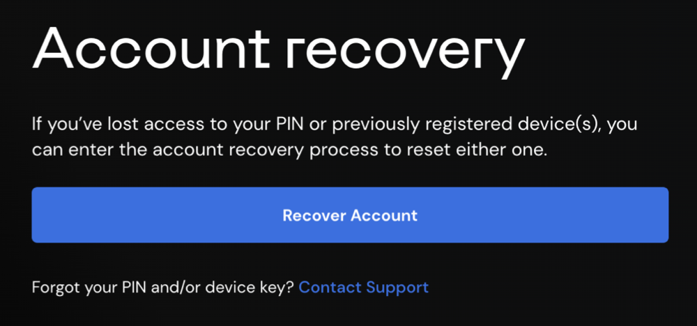 Account recovery pop up window with recover account button