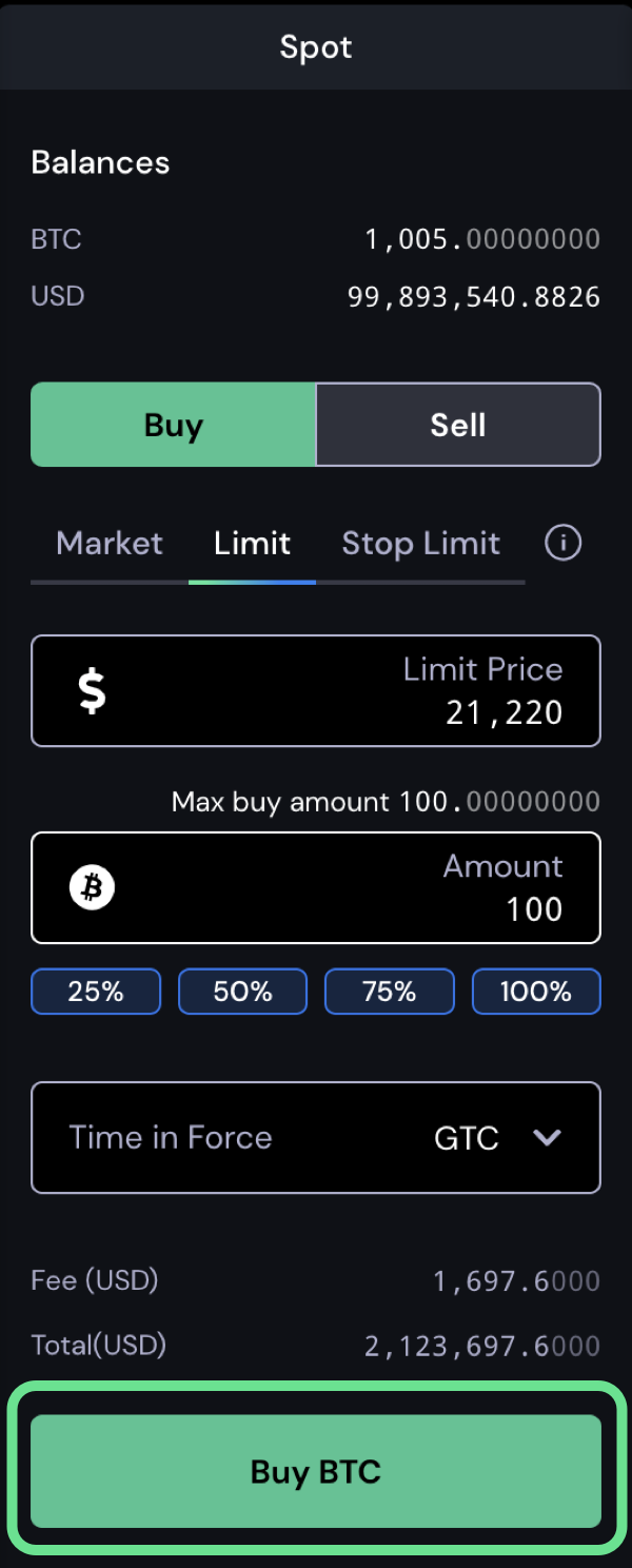 Limit order buy BTC button