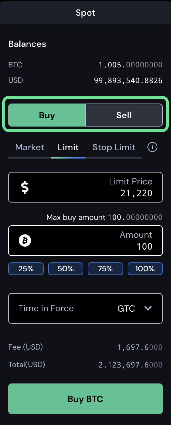 Limit order buy sell buttons