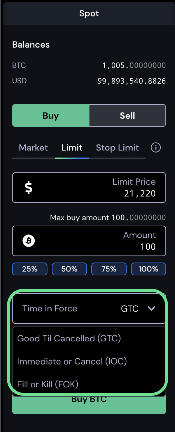 Limit order time in force selections