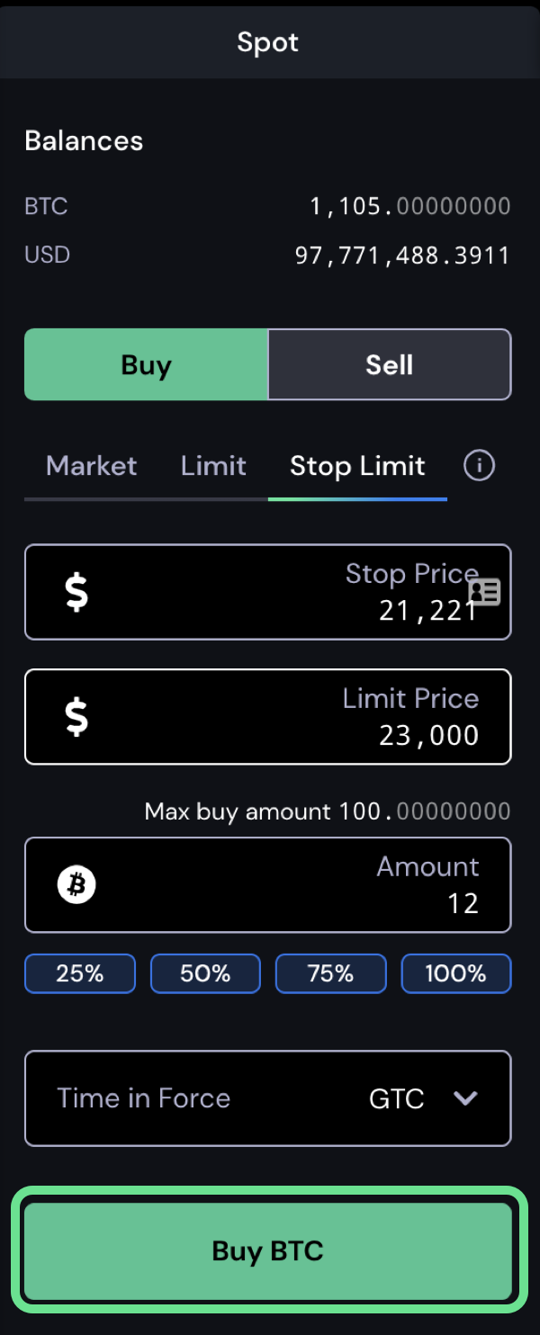 Stop limit order BTC button