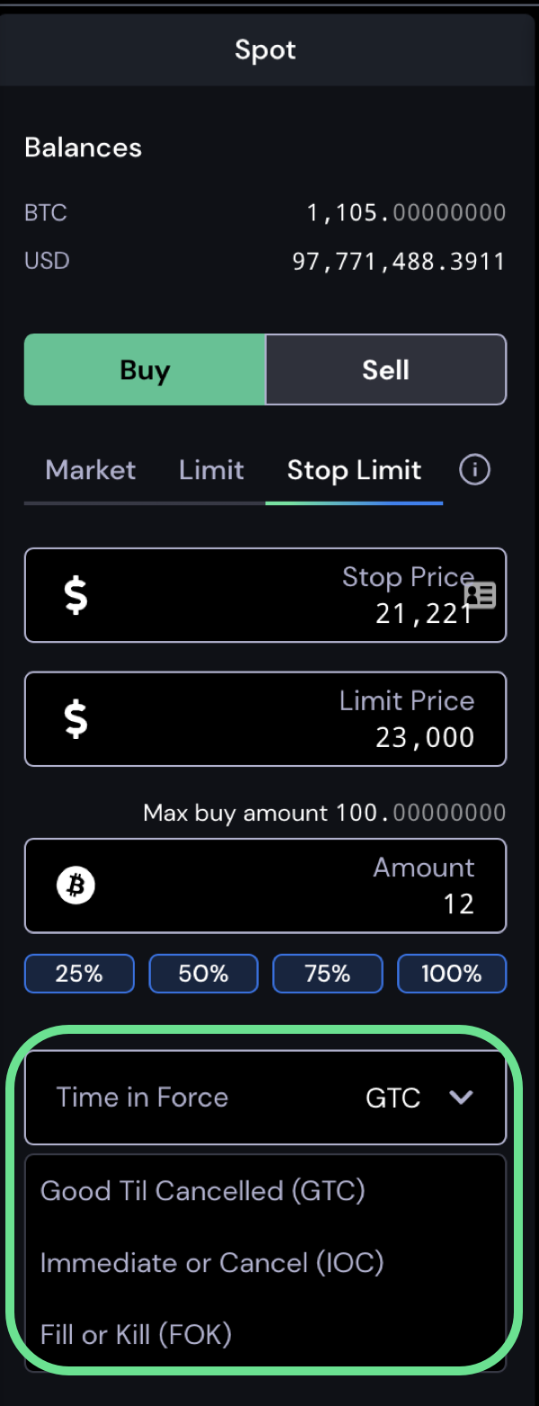 Stop limit time in force options