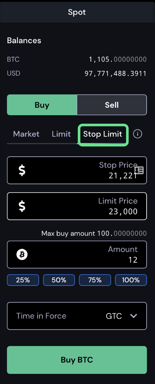 Stop limit order tab