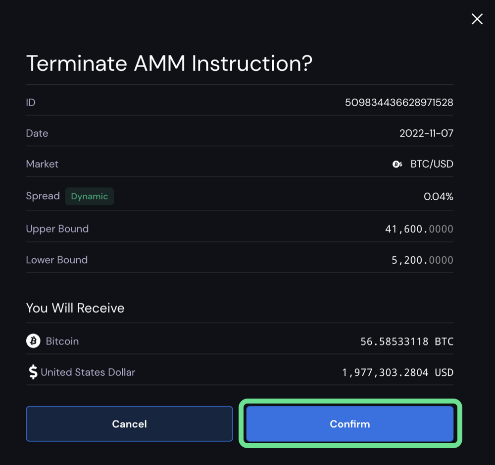 Confirm button highlighted in terminate AMM Instruction pop-up menu