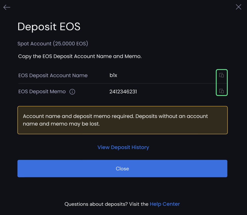 Deposit EOS popup window