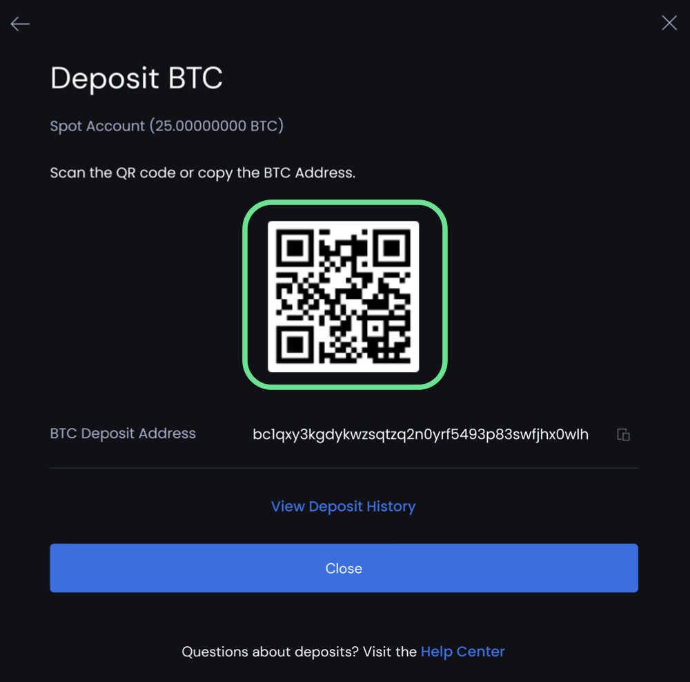 Deposit BTC popup window with QR code