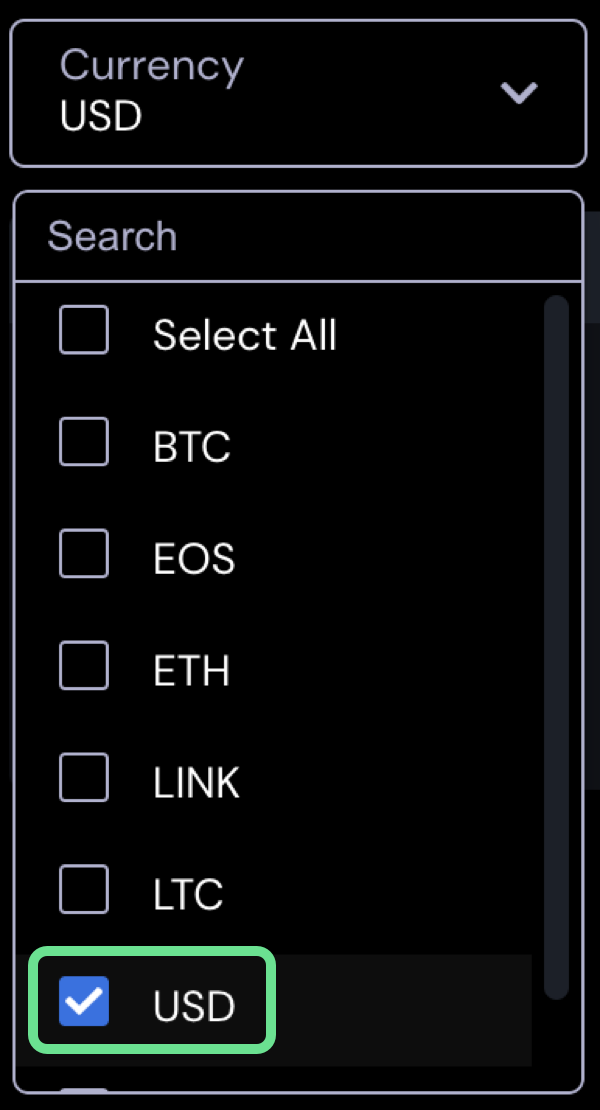 Currency drop down menu with USD selected
