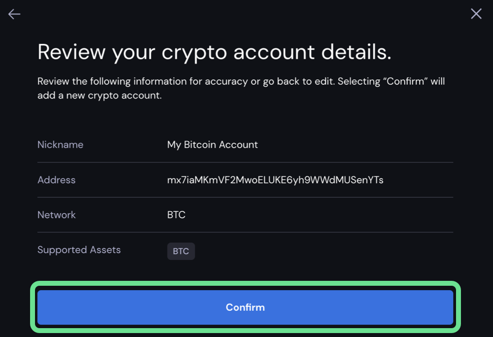 Confirm button review your crypto account details
