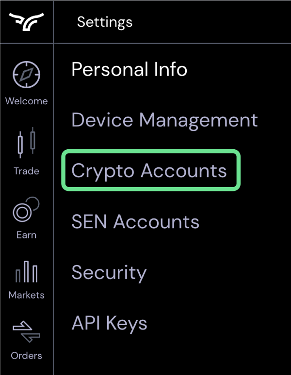 Crypto accounts selection on left side of user settings
