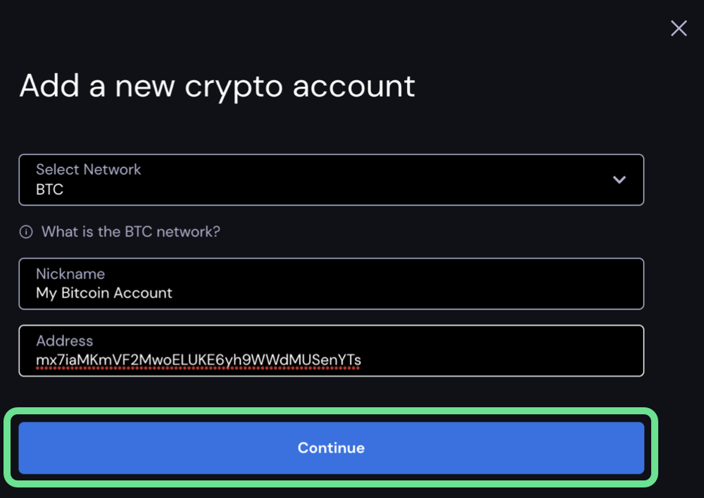 Continue button under add new crypto account pop up window