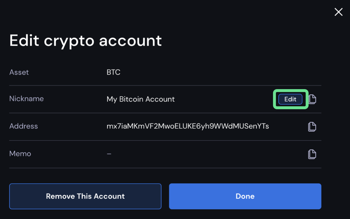 Edit button under edit crypto account