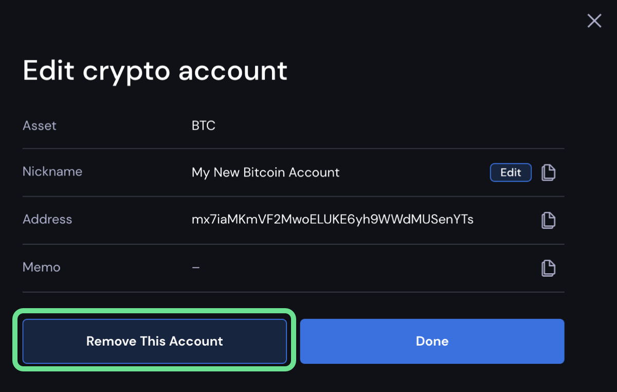 Remove this account button under crypto account