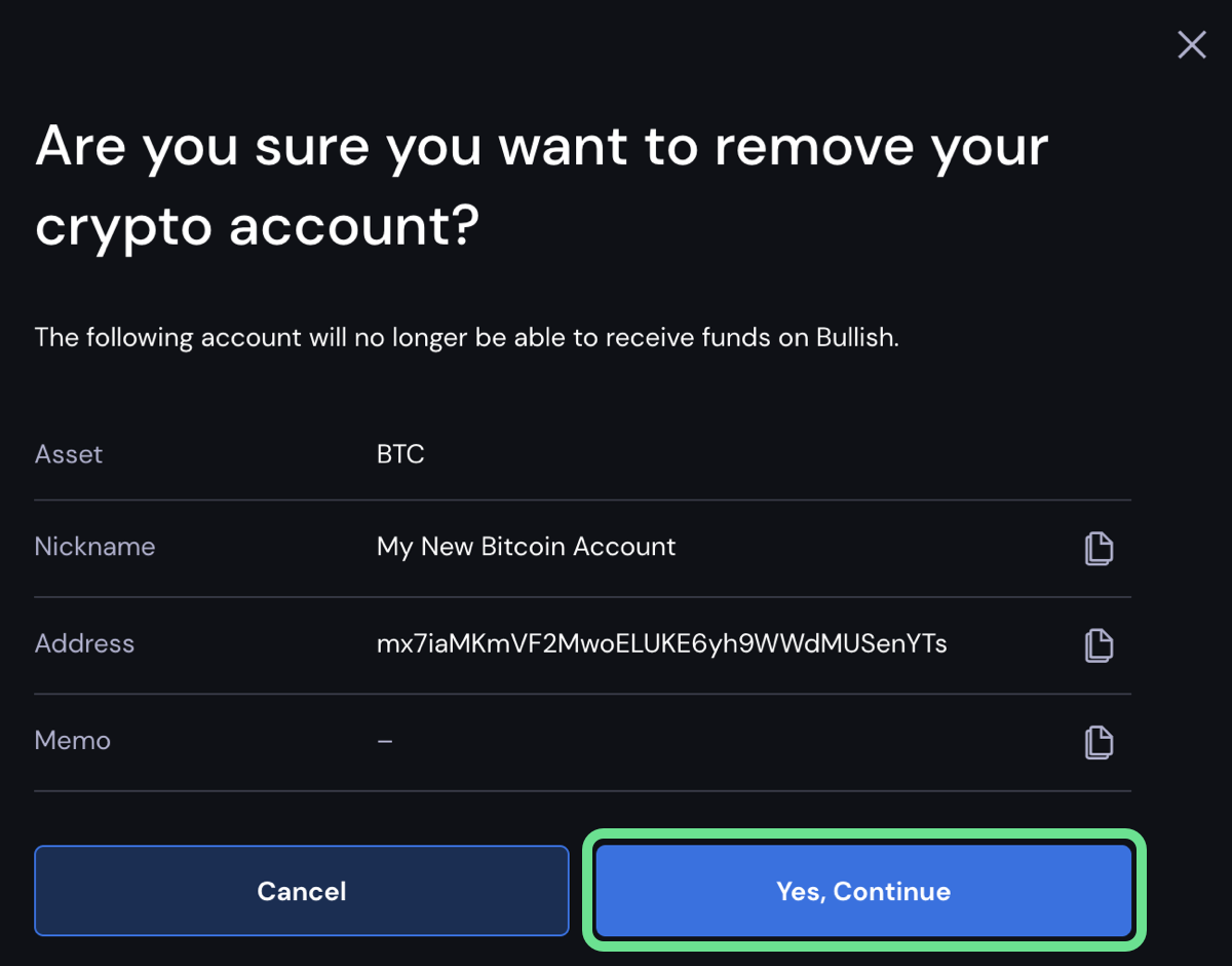 Yes continue button I am sure I want to remove this crypto account