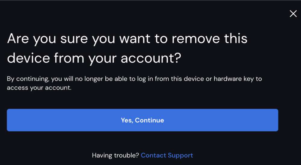 Are you sure you want to remove this device with Yes continue button