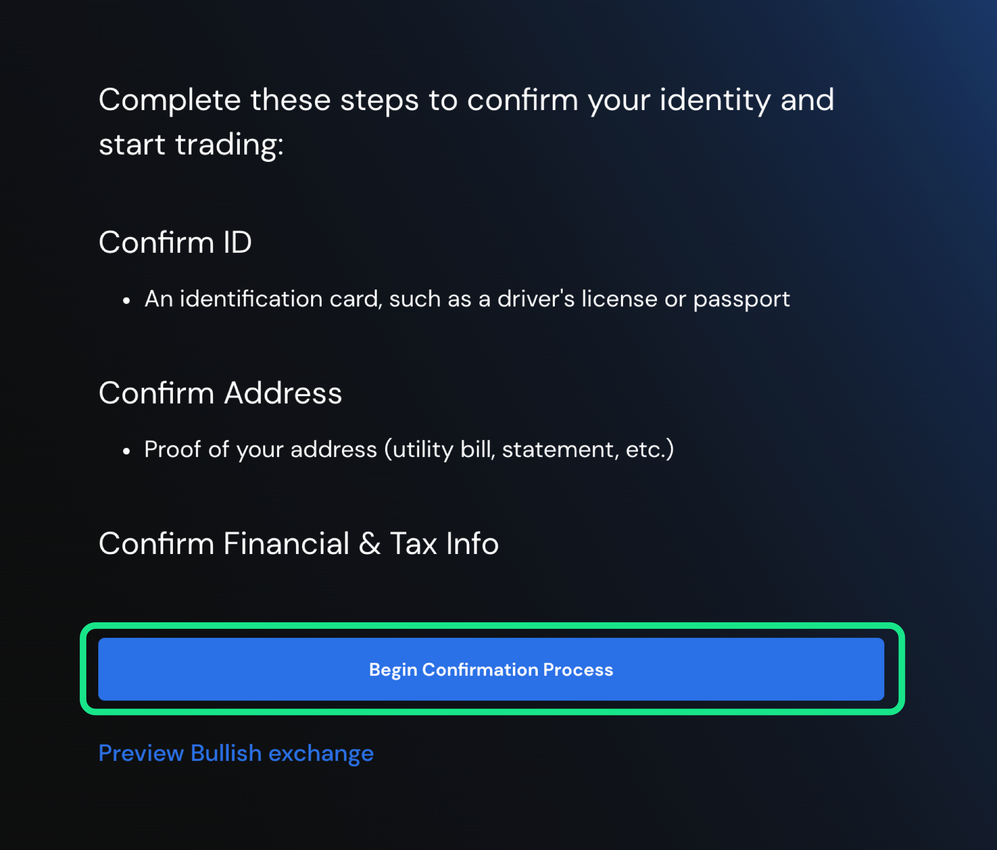 Identity confirmation steps with begin confirmation process button