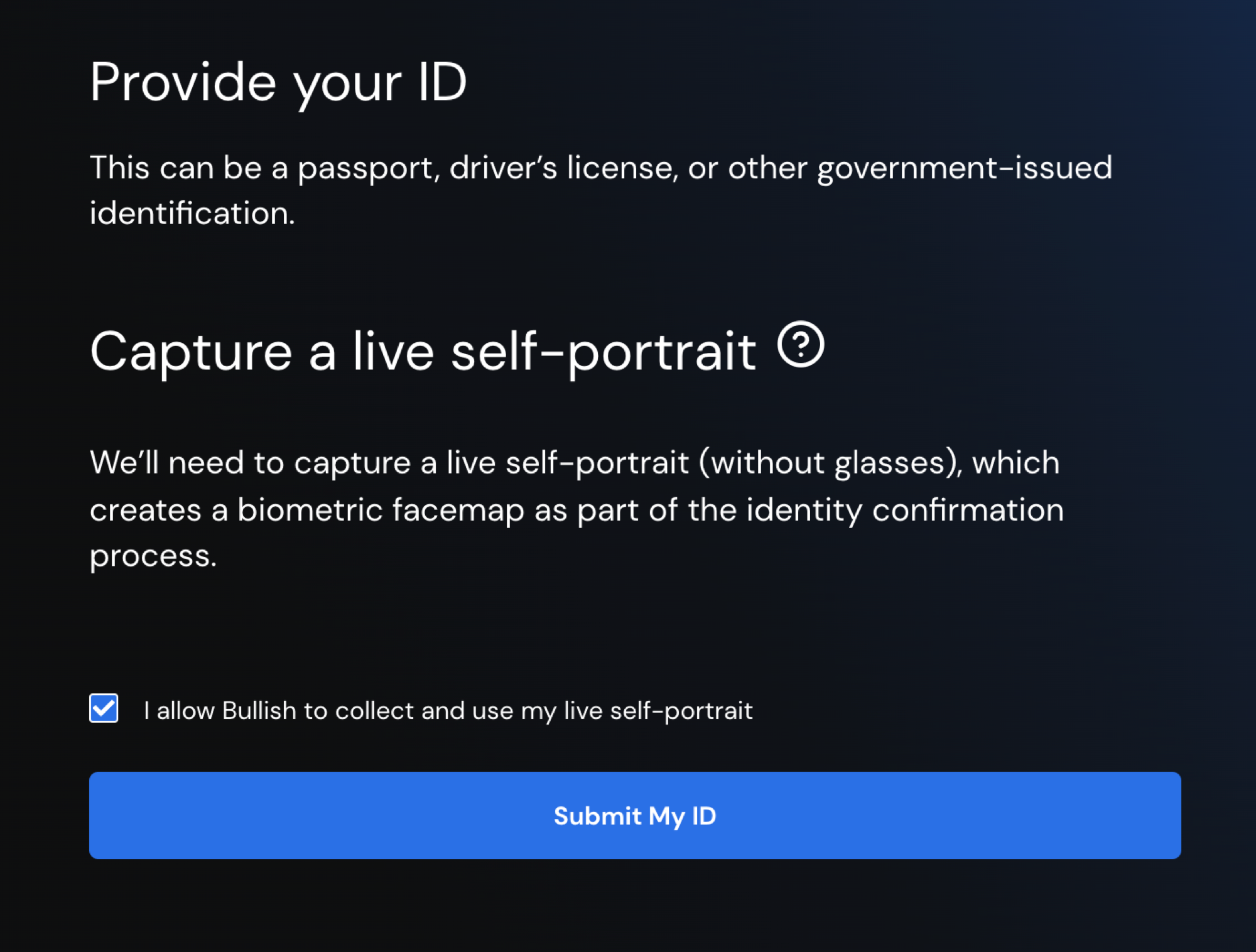 Provide your ID popup window with Submit My ID button