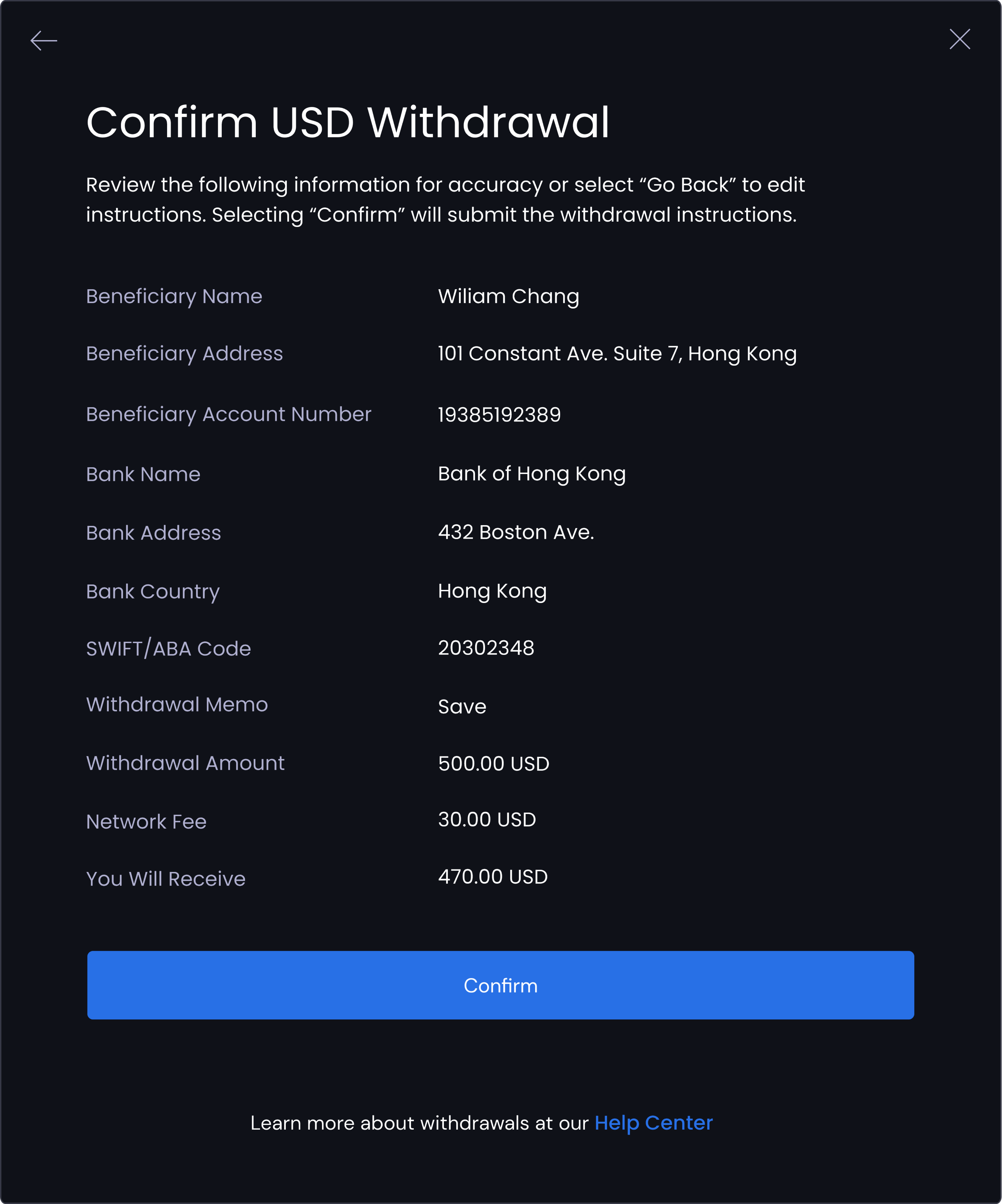 Confirm USD withdrawal popup window