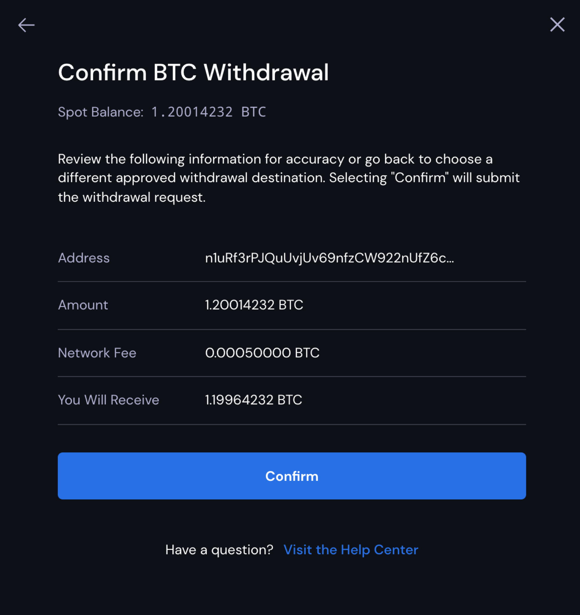 Confirm withdraw BTC popup menu