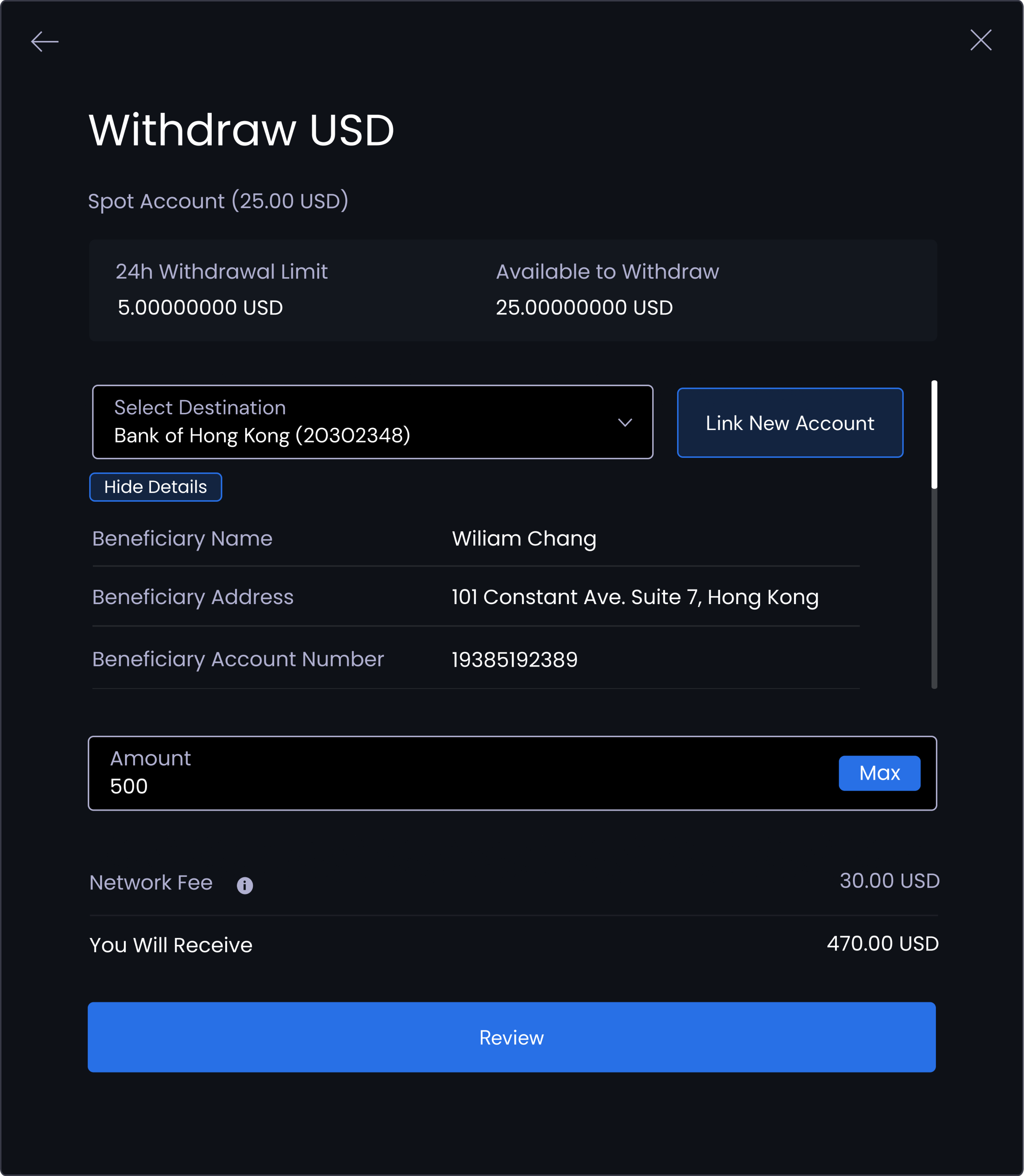Withdraw fiat popup menu with information